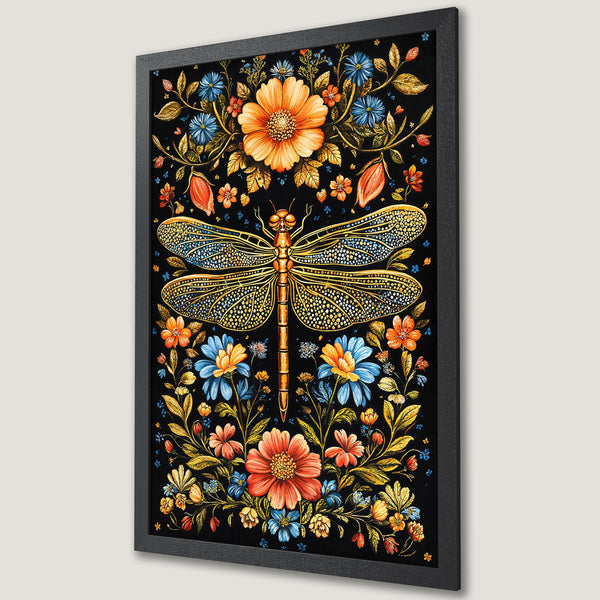 Framed Poster featuring a detailed dragonfly and floral design in vibrant orange, blue, and gold against a black background. Perfect wall art!