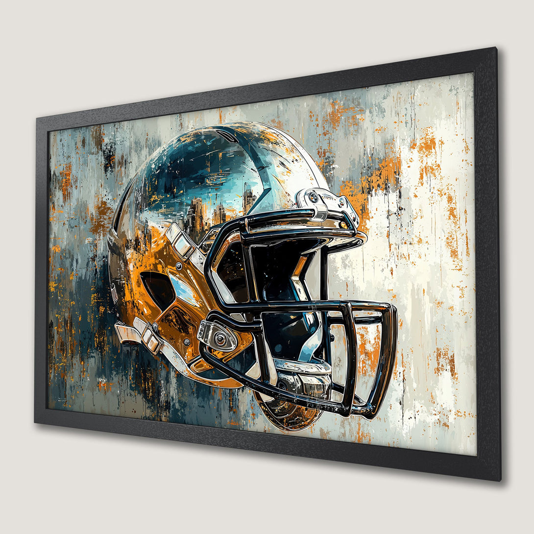 Framed Poster of a football helmet in an abstract style, featuring a blue, orange, and gray color palette. Perfect wall art!