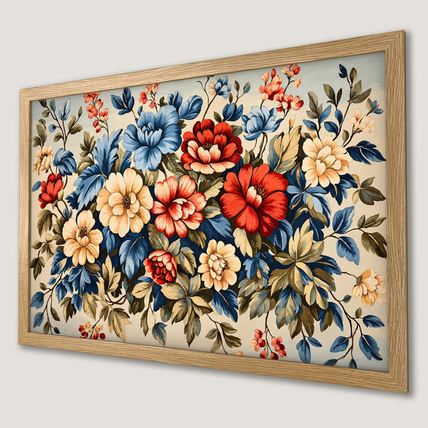 Framed Poster featuring vibrant floral art in red, blue, and yellow hues. Perfect wall decor!