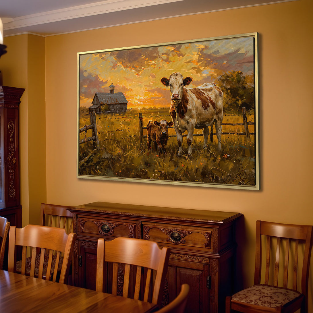 Canvas Print of cows in a field at sunset. Rustic style, warm orange and brown tones. Perfect farmhouse wall art.