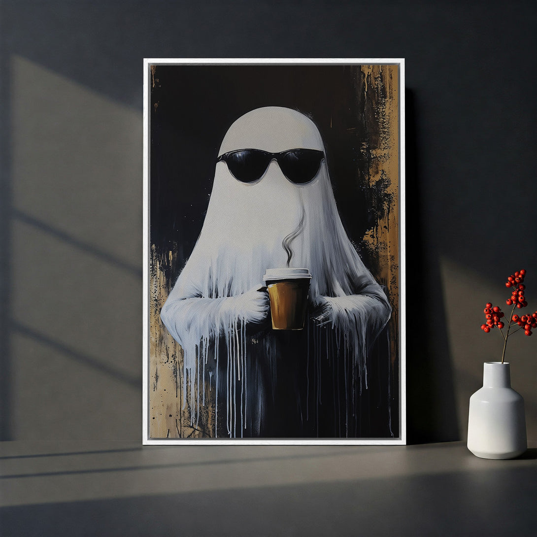 Framed Wall Art: Cool ghost art print with sunglasses, holding coffee. Modern, abstract style with black, white, and gold color palette. Perfect for home decor!