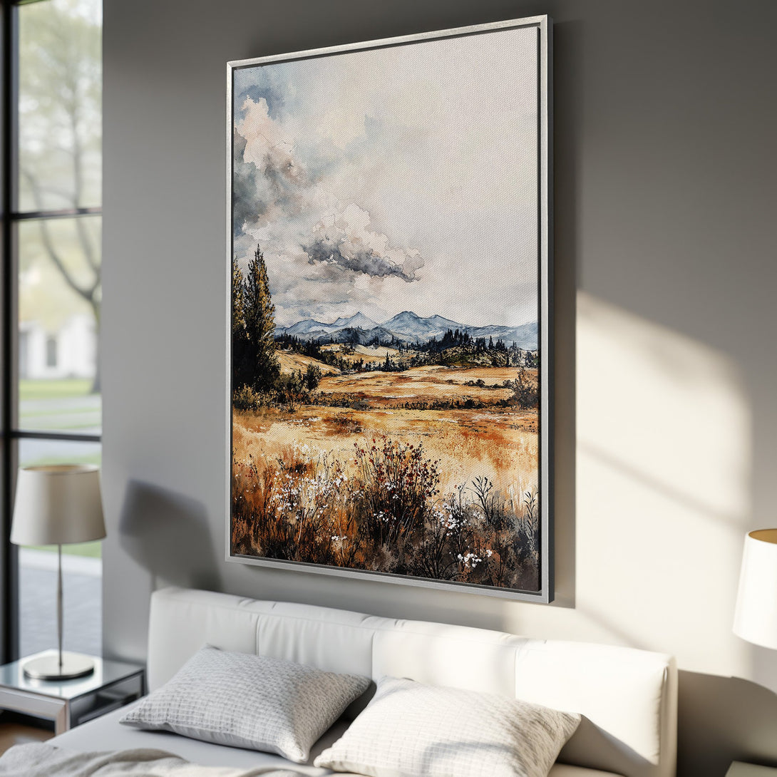 Framed Wall Art: Watercolor landscape Canvas Print in warm earth tones. Perfect for adding a touch of nature and serenity to your bedroom decor.