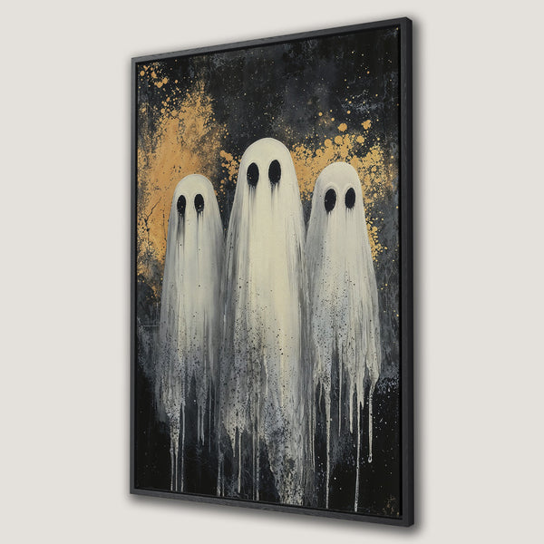 Framed Wall Art featuring three ghostly figures. Modern, abstract style with a black, gold, and white color palette. Perfect Halloween decor!