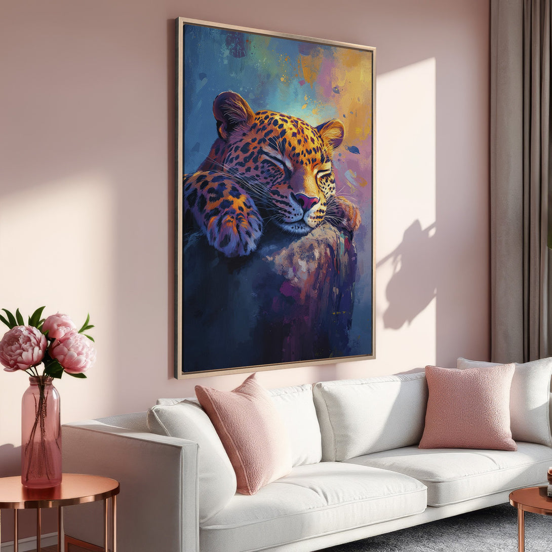 Framed Wall Art: Abstract painting of a sleeping leopard in vibrant colors. Perfect for adding a touch of modern art to your living room.