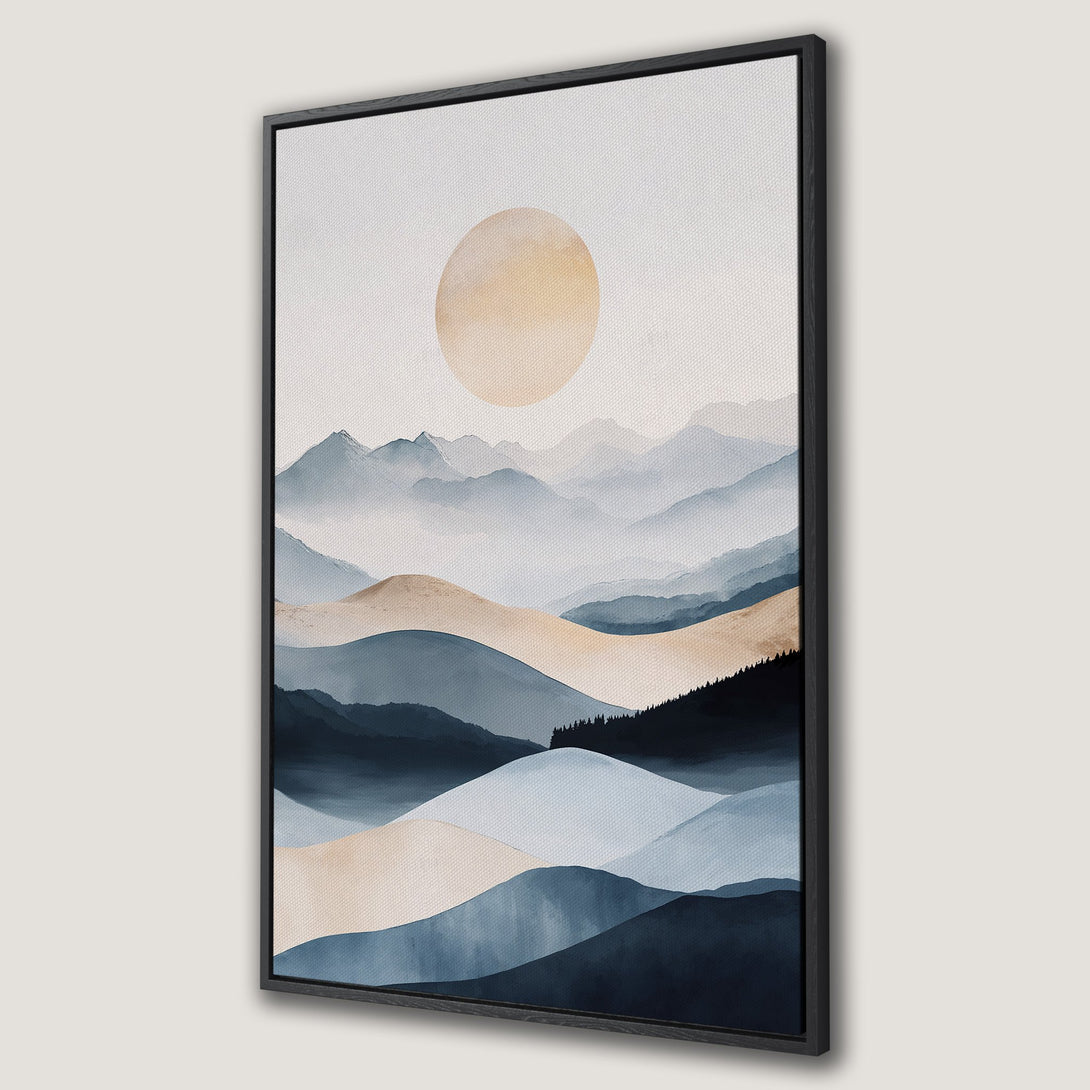 Framed Wall Art: Abstract mountain landscape Canvas Print in blue, beige, and gold. Modern art for home decor, perfect for adding a touch of serenity.