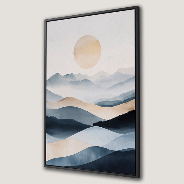 Framed Wall Art: Abstract mountain landscape Canvas Print in blue, beige, and gold. Modern art for home decor, perfect for adding a touch of serenity.