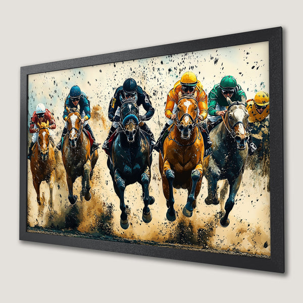 Framed Poster: Horse racing art print in vibrant colors. Dynamic illustration of jockeys and horses in action. Perfect wall decor.