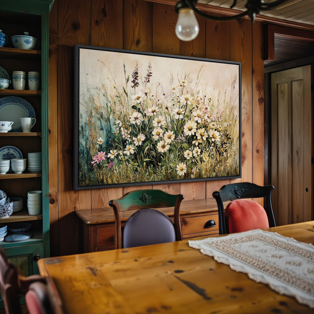 Framed Wall Art featuring a floral meadow in a rustic interior. Soft, impressionistic style with a warm, neutral color palette.