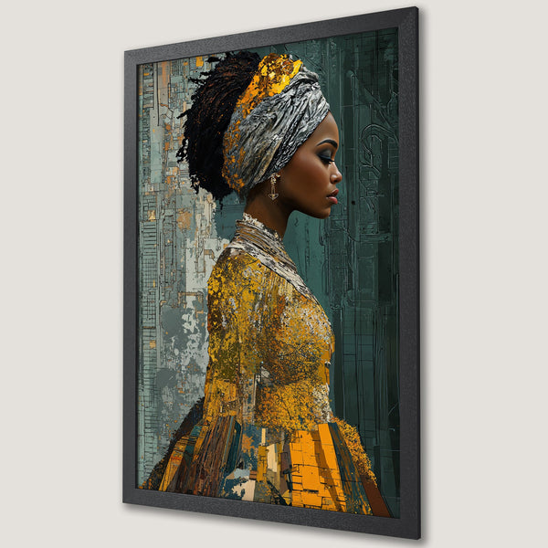 Framed Poster featuring a stylish Black woman in yellow & grey, abstract art style, with a teal and gold color palette.