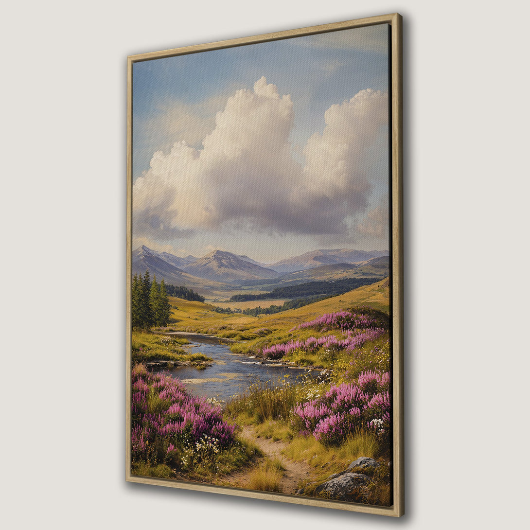 Framed Wall Art: Landscape Canvas Print with vibrant purple flowers, serene river, and mountain view. Earthy tones create a calming aesthetic.