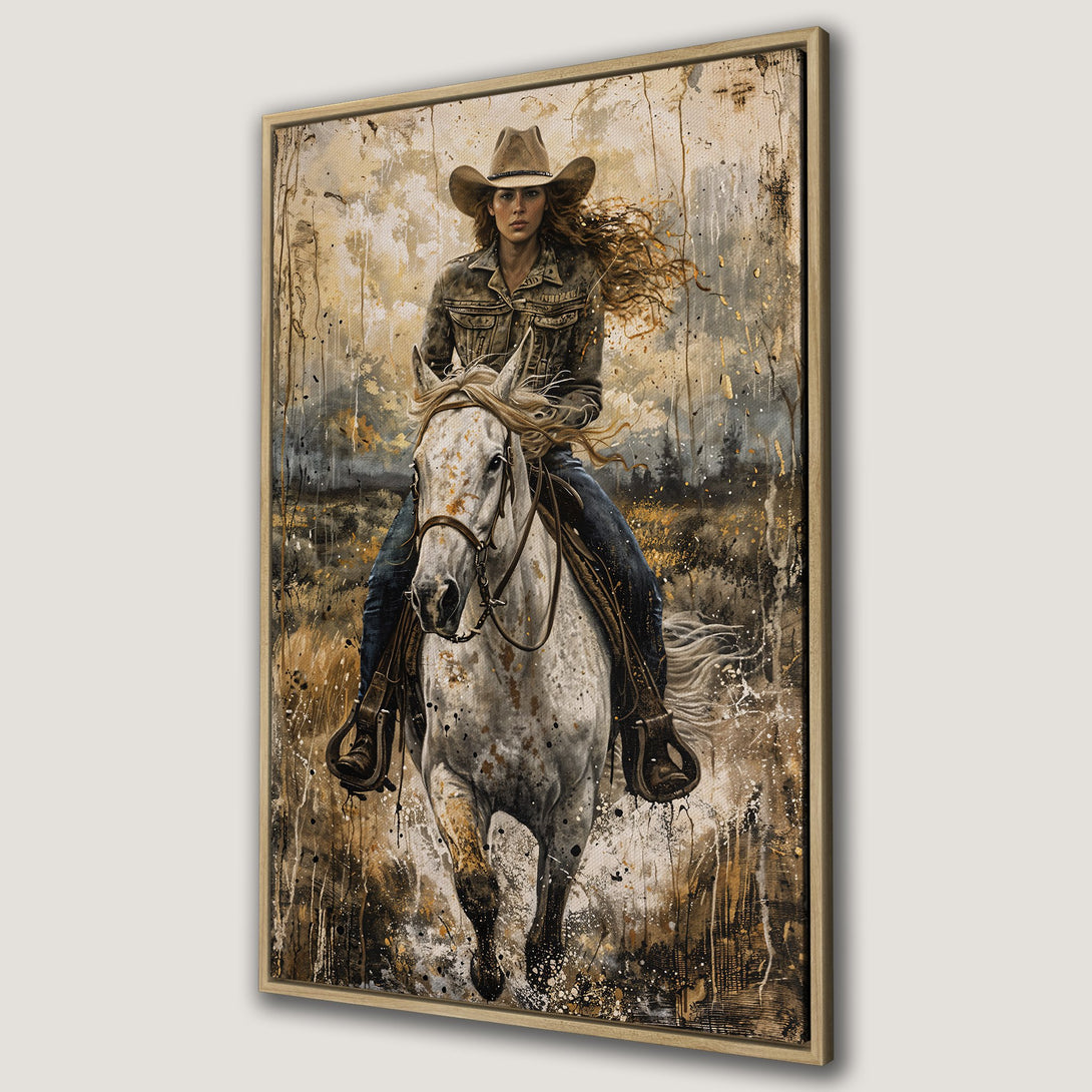 Framed Wall Art: Cowgirl on horseback, a stunning painting in a rustic style. Earthy tones of brown, gold, and white create a captivating Western aesthetic. Perfect wall decor.