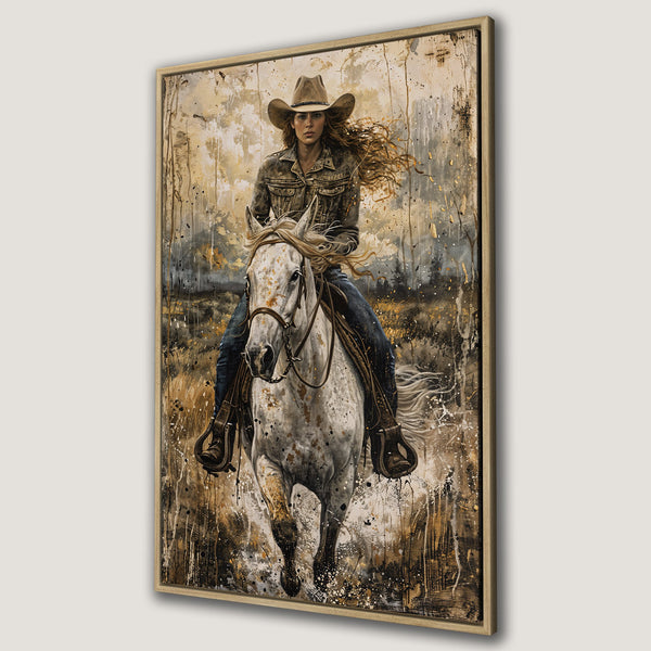 Framed Wall Art: Cowgirl on horseback, a stunning painting in a rustic style. Earthy tones of brown, gold, and white create a captivating Western aesthetic. Perfect wall decor.