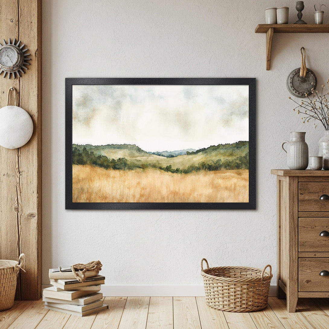 Framed Poster of a watercolor landscape. Earthy tones of green, gold, and blue. Perfect wall art for a cozy home.