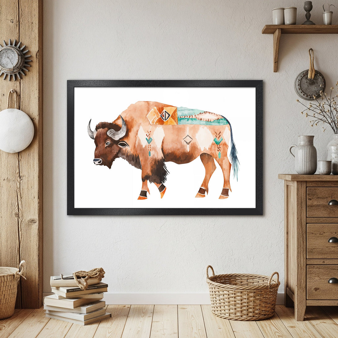 Framed Poster featuring a watercolor bison with tribal details. Earthy tones and turquoise accents create a bohemian vibe.