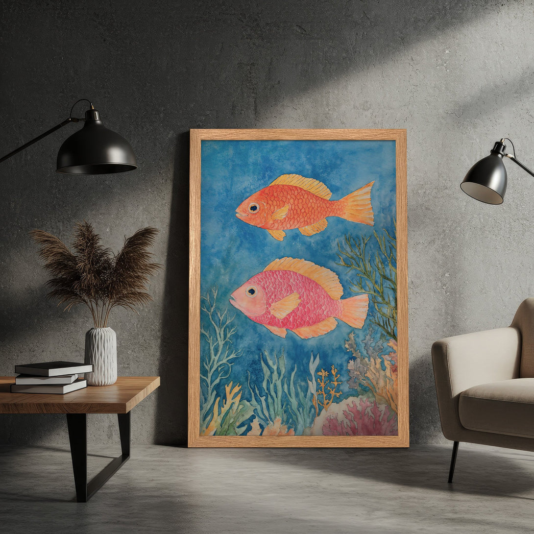 Framed Poster featuring watercolor fish art in vibrant orange and pink hues against a blue background. Perfect for coastal decor!