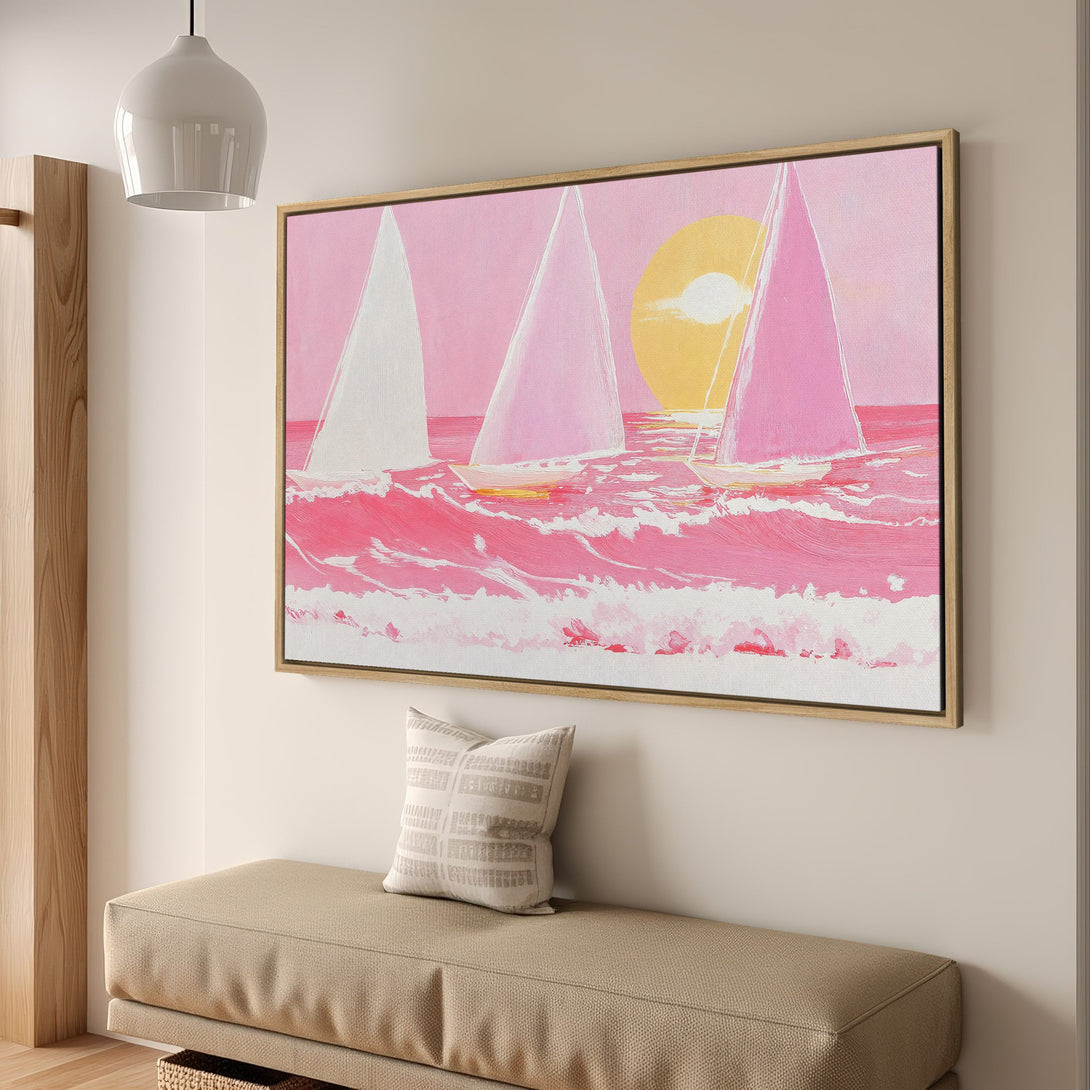 Framed Wall Art: Pink sunset sailboat canvas print. Modern, coastal art with a vibrant pink, white, and yellow color palette. Perfect for adding a pop of color!