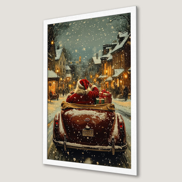 Framed Poster featuring Santa in a vintage car, driving through a snowy town. Warm, inviting color palette perfect for Christmas decor.