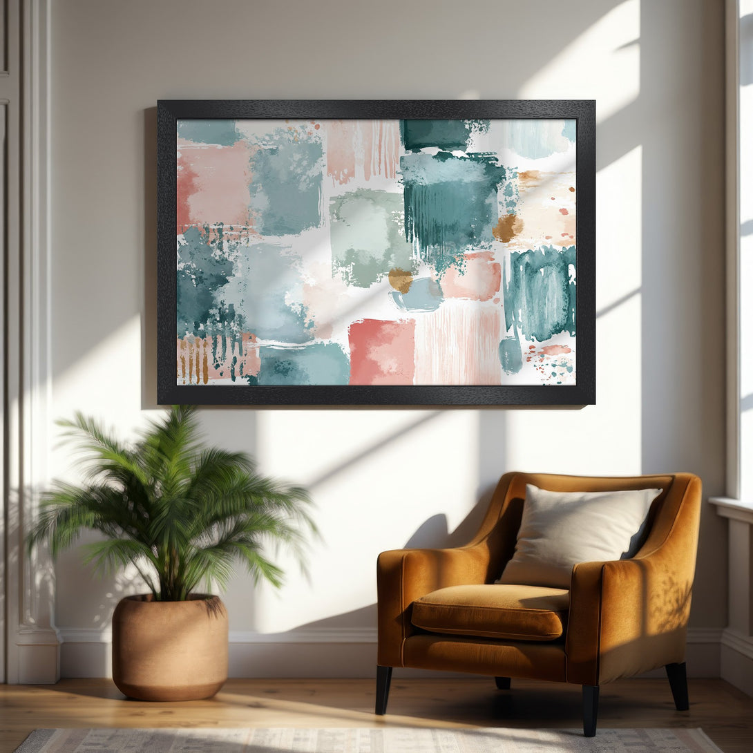 Framed Poster featuring abstract art in teal, pink, and gold hues. Modern style for home decor.