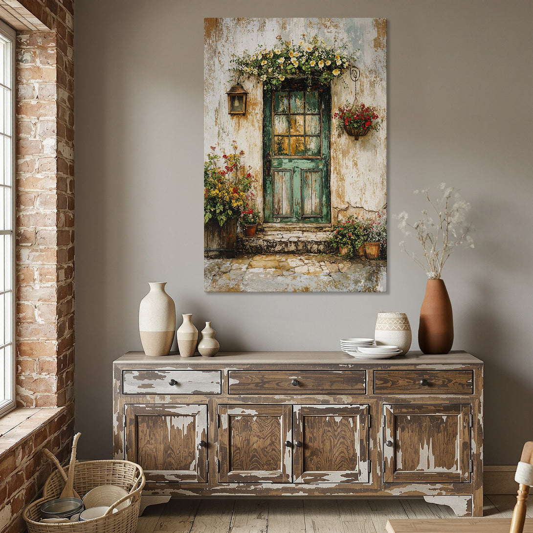 Framed Wall Art: Rustic door canvas print with warm, earthy tones. Perfect for adding a touch of vintage charm to your dining room decor.
