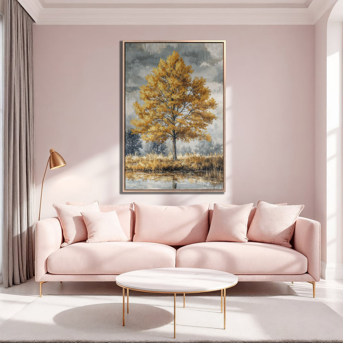 Framed Wall Art featuring a golden tree landscape in a soft, painterly style. Warm gold, gray, and blush color palette, perfect for elegant home decor.