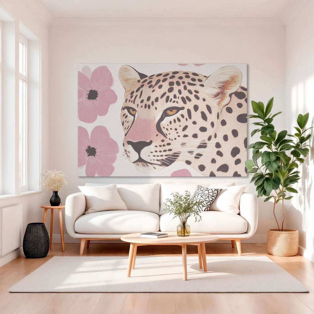 Framed Wall Art: Leopard portrait with pink floral accents. Modern art with a blush and gold color palette, perfect for adding a touch of elegance.