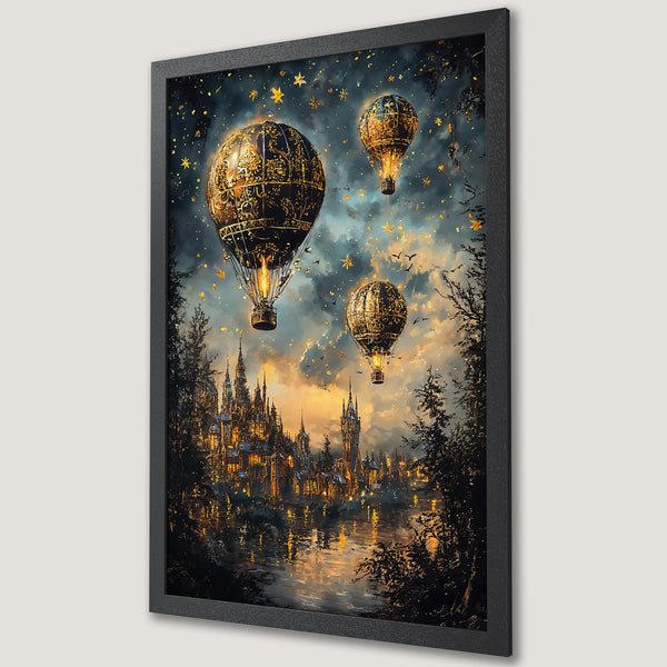 Framed Poster featuring fantasy hot air balloons over a glowing city, with a warm gold and navy color palette. Perfect wall art!