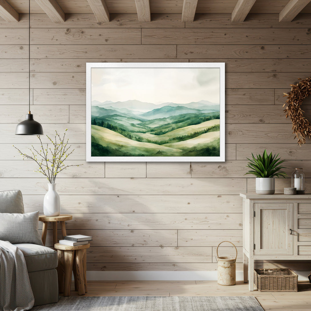 Framed Poster of watercolor mountain landscape in green and blue hues, perfect for adding a touch of nature to your home decor.