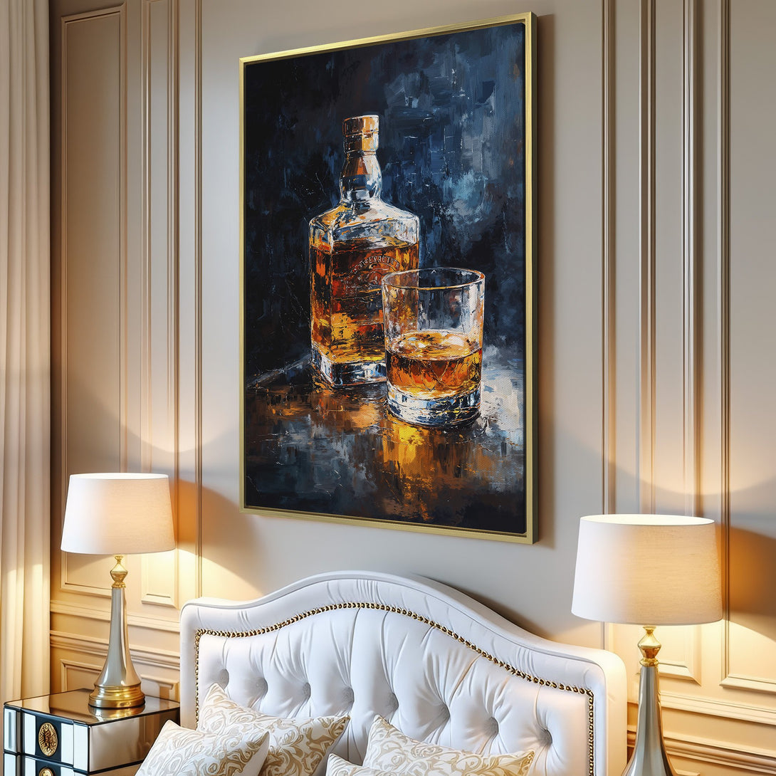 Canvas Print of whiskey bottle and glass in a modern, impressionistic style. Rich, warm palette of amber, gold, and dark blues. Perfect wall art!