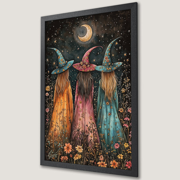 Framed Poster featuring three witches in a whimsical style, with a night sky backdrop and a warm color palette. Perfect wall art!