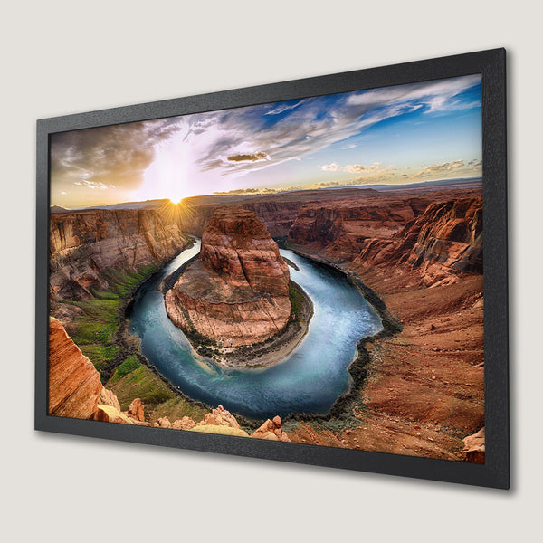 Framed Poster of Horseshoe Bend at sunset. Landscape photography with warm earth tones and blue water. Add this stunning art to your home!