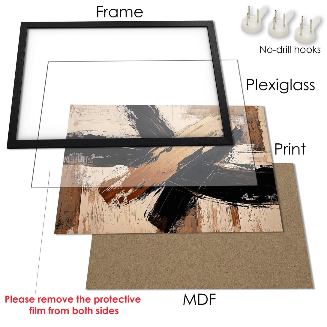 Framed Poster featuring abstract art in neutral tones. Modern wall art with a black frame, ready to hang.