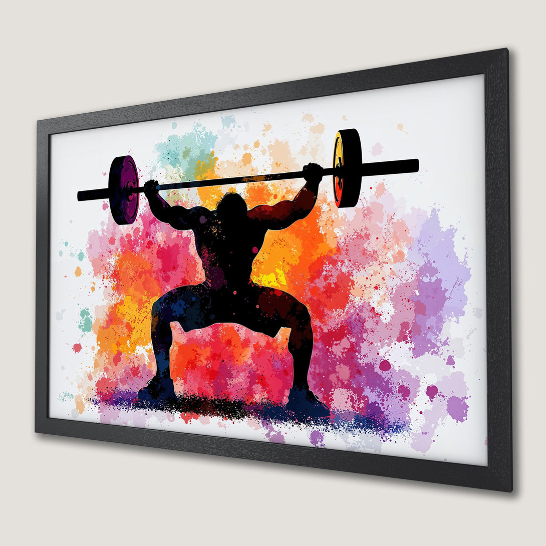Framed Poster of weightlifter silhouette with colorful watercolor splash background, vibrant palette. Perfect gym decor!