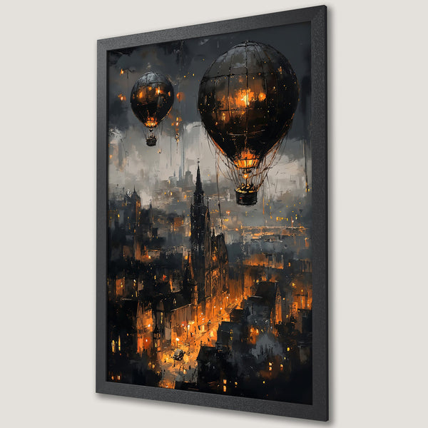 Framed Poster featuring steampunk hot air balloons over a city. Dark, moody art with orange and gray color palette. Perfect wall decor.