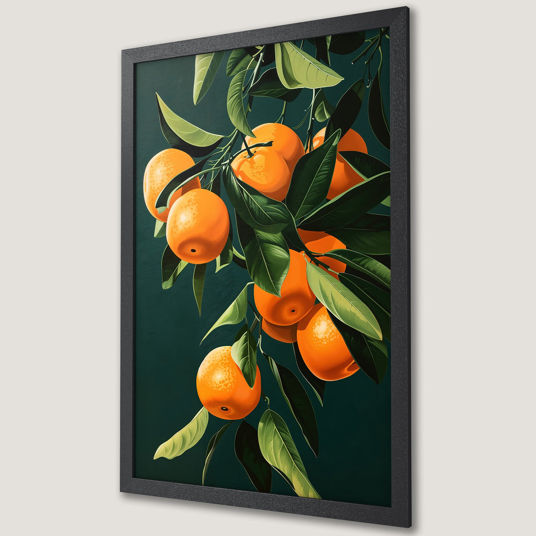 Framed Poster featuring vibrant oranges and green leaves against a dark teal background. Botanical art print, perfect for kitchen or living room decor.
