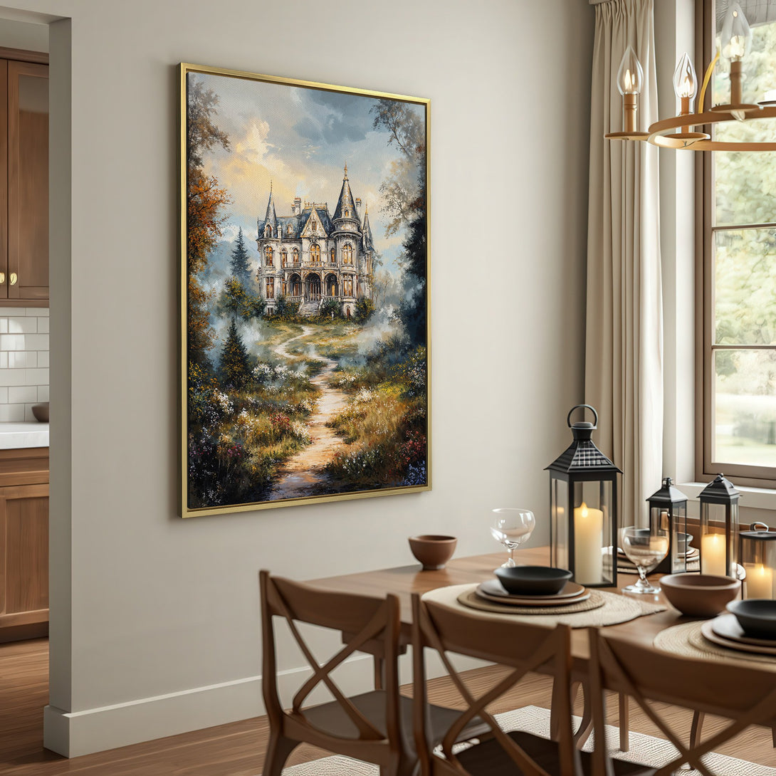 Canvas Print of a grand estate painting in a warm, neutral interior. Features a detailed landscape with a path leading to a stately home.