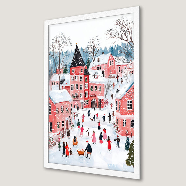 Framed Poster of a charming winter village scene with pink buildings, watercolor style, and a festive color palette.