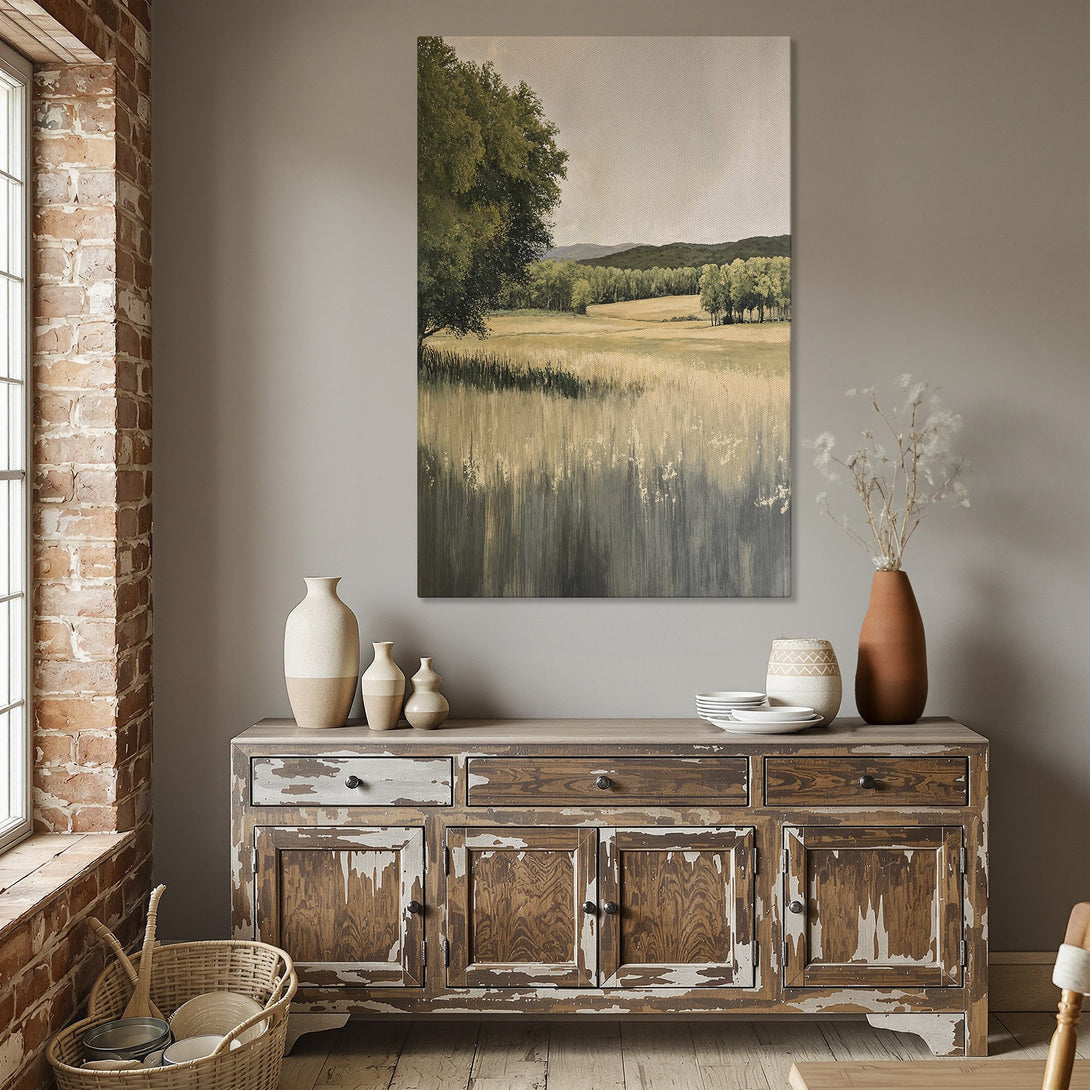 Framed Wall Art featuring a serene landscape painting in muted greens, browns, and grays. Perfect for adding a touch of nature to your home decor.