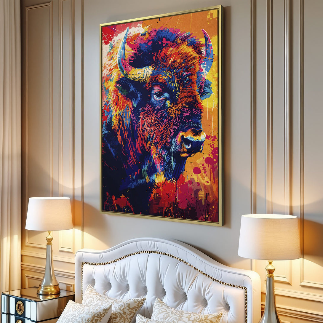 Vibrant Canvas Print of a bison in a pop art style, featuring a bold, colorful palette of orange, blue, and red. Perfect wall art!