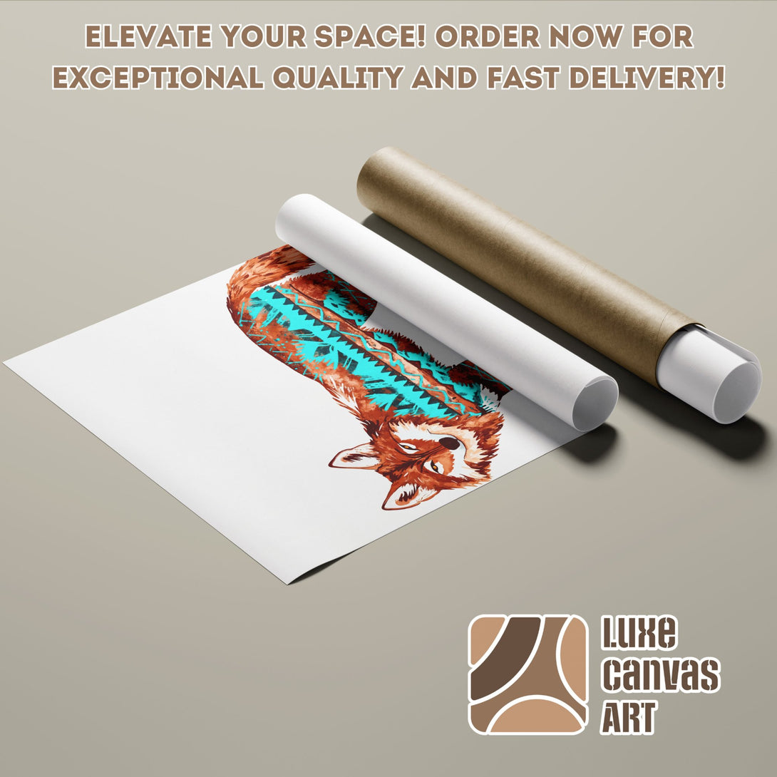 Poster Roll featuring a fox illustration in warm earth tones with turquoise accents. Perfect wall art!
