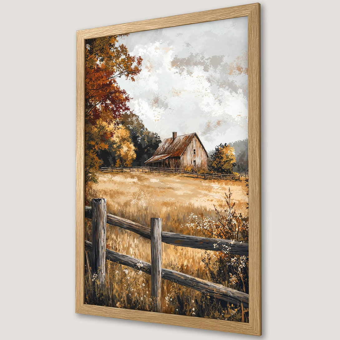 Framed Poster featuring a rustic barn landscape in warm autumn tones. Perfect farmhouse decor!