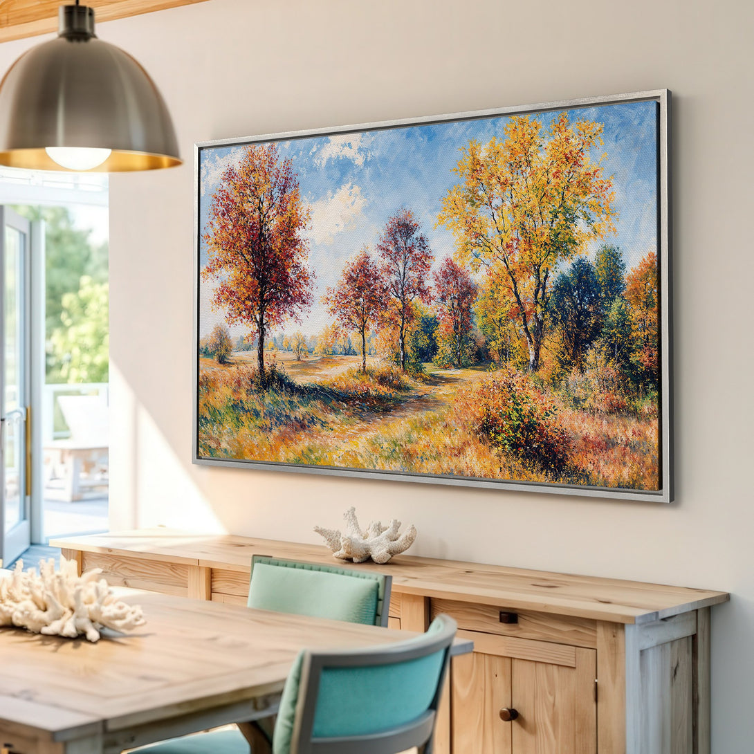 Framed Wall Art: Autumn landscape Canvas Print with vibrant fall colors. Perfect for adding warmth and style to your home decor.