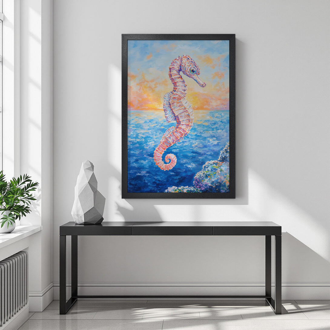 Framed Poster featuring a vibrant seahorse painting in a colorful, impressionistic style. Coastal art with blue, orange, and pink hues.