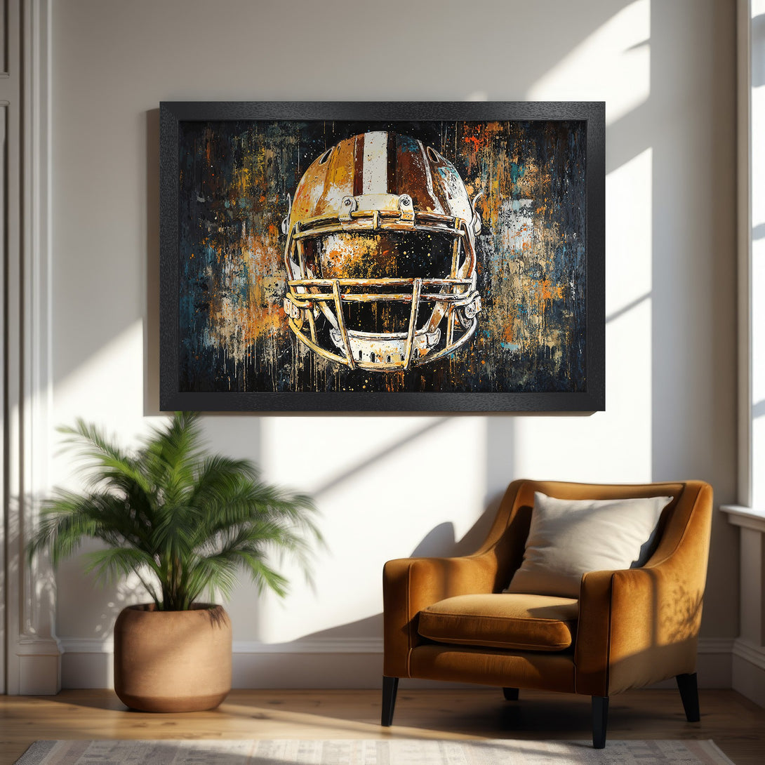 Framed Poster featuring a football helmet in an abstract style. Warm color palette with gold, orange, and black hues. Perfect wall art!