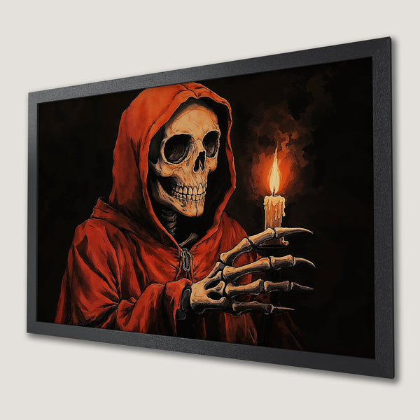 Framed Poster featuring a skeleton in a red robe holding a candle, dark and gothic style, warm color palette.