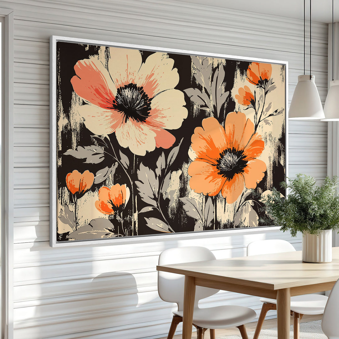 Framed Wall Art featuring vibrant floral design in orange, black, and cream. Modern abstract style, perfect for adding a pop of color to any room.