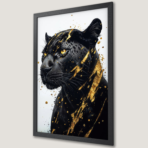 Framed Poster featuring a black panther with gold accents, modern art style, striking black and gold color palette.