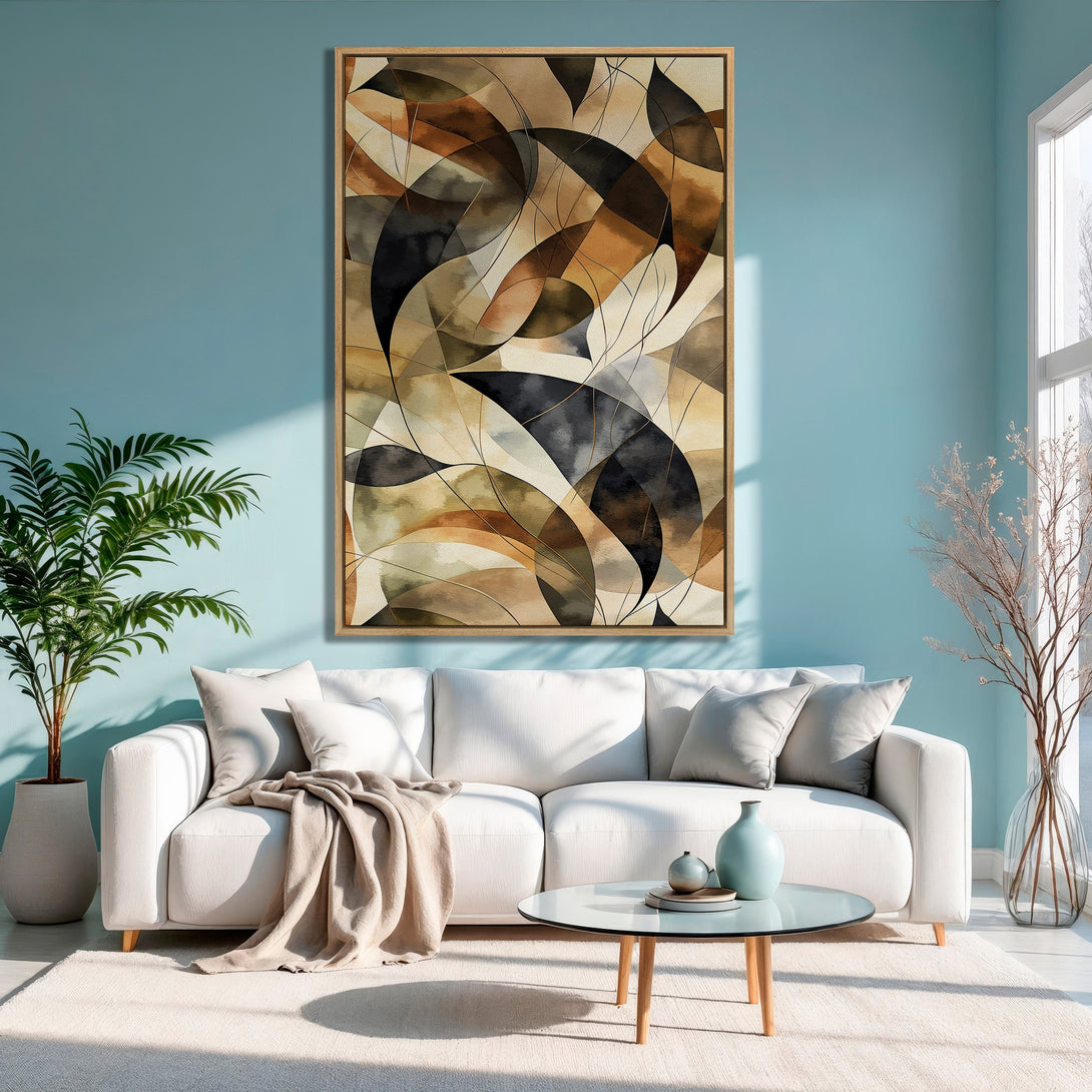 Framed Wall Art featuring abstract art in neutral tones. Modern living room decor with a warm, earthy color palette. Elevate your space with this stunning canvas print.