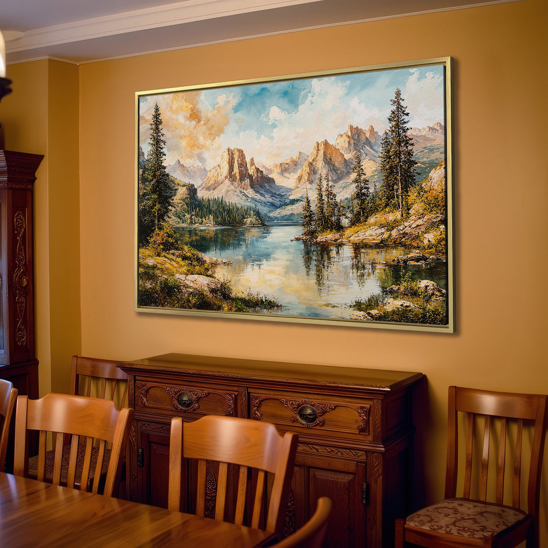 Canvas Print of a mountain lake landscape in a warm, neutral color palette. Perfect for adding a touch of nature to your living room!
