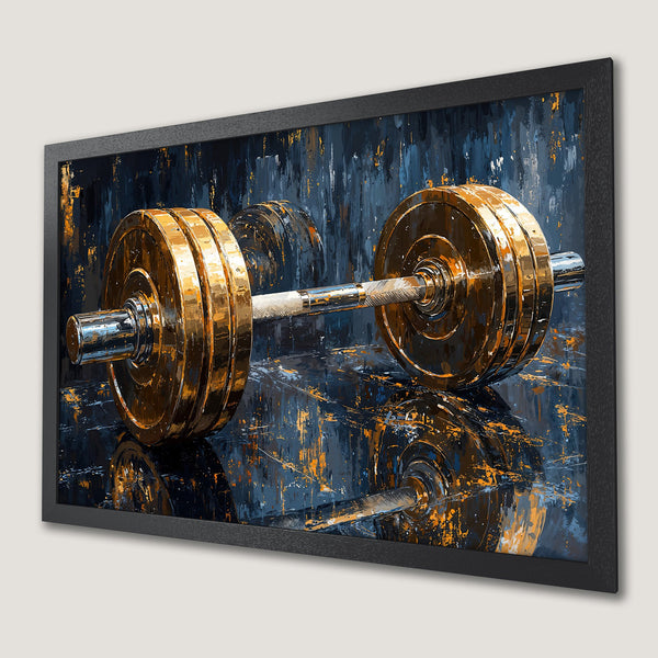 Framed Poster of a golden barbell in an abstract style with a blue and orange color palette. Perfect for gym decor!