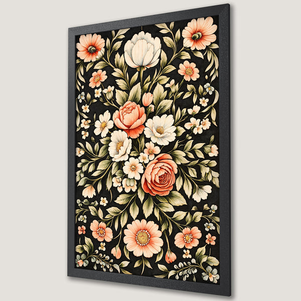 Framed Poster featuring a floral design with a black background, peach and white flowers, and green leaves. Perfect wall art!
